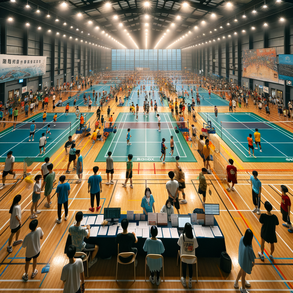 Well-organized local badminton tournament setup in a community sports hall, illustrating effective planning and coordination for a successful event.