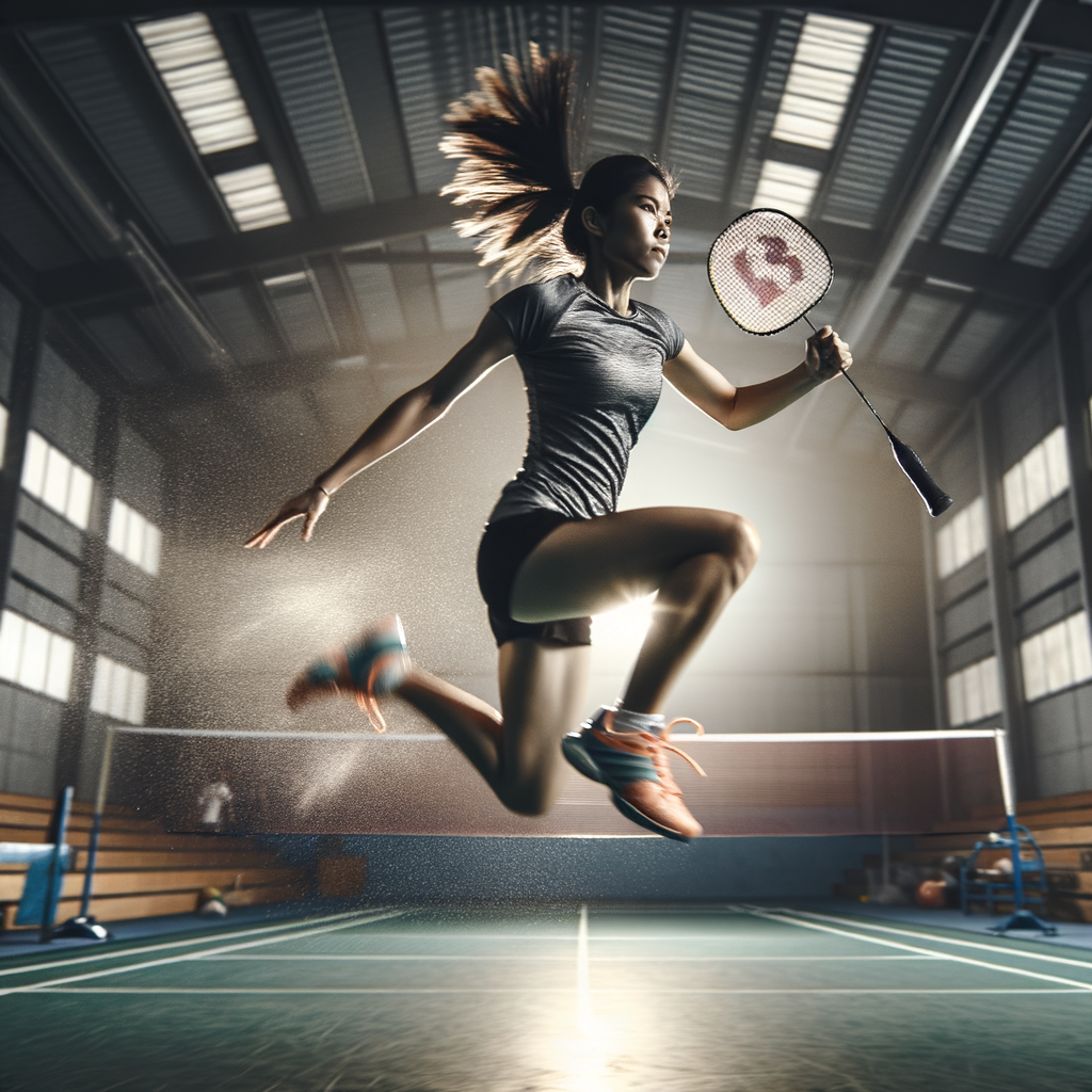 Professional badminton player mid-jump during a high-intensity plyometric drill, highlighting explosive power training and agility for badminton strength and conditioning.