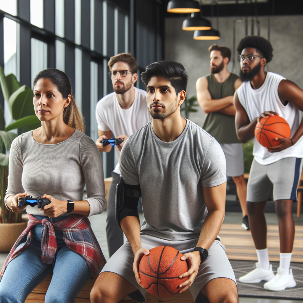 A diverse group of adults improving hand-eye coordination through gaming, basketball, and home exercises in a modern indoor setting.
