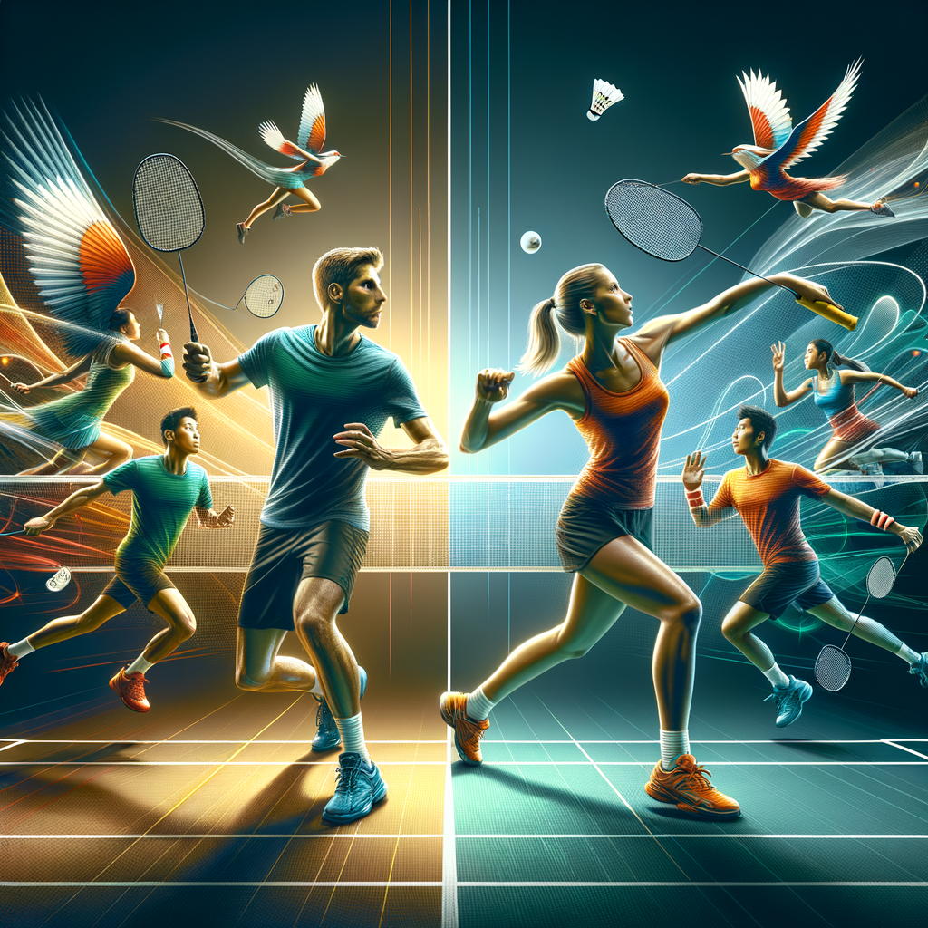 Dynamic badminton court scene with players showcasing aggressive and defensive badminton playing styles, singles tactics, doubles formations, and diverse footwork styles.