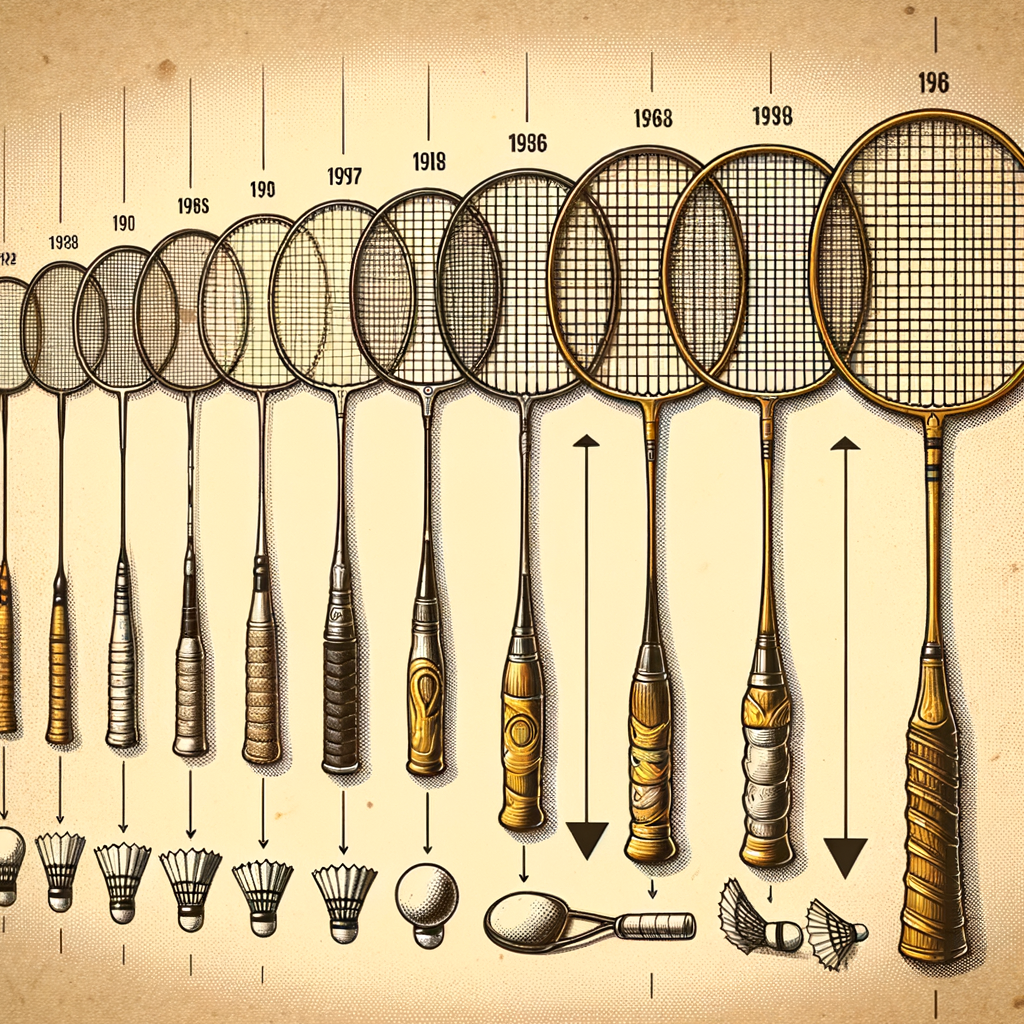A timeline illustration of the evolution of badminton rackets from vintage wooden designs to modern technology, highlighting key changes in materials, design, and manufacturing techniques over the decades.