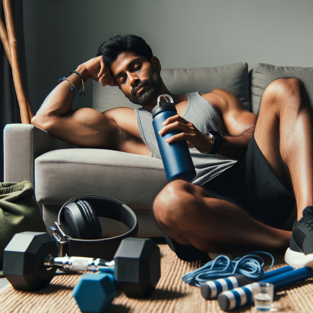 A fit individual relaxing on a couch with a water bottle, surrounded by fitness gear, emphasizing the importance of rest days for muscle recovery and growth.