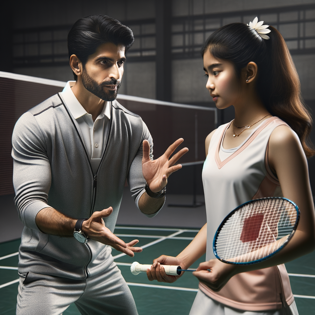 Professional badminton coach demonstrating advanced coaching techniques to a dedicated player, emphasizing the critical role of effective badminton coaching strategies and training methods in achieving success in badminton.