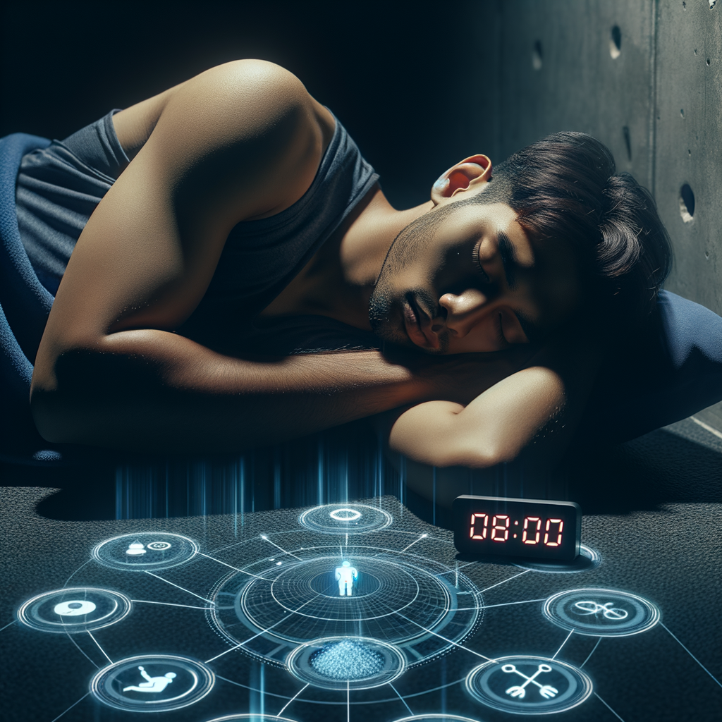 Professional athlete sleeping soundly in a dark room with a digital clock showing 8 hours, highlighting the importance of sleep for athletic performance and recovery.