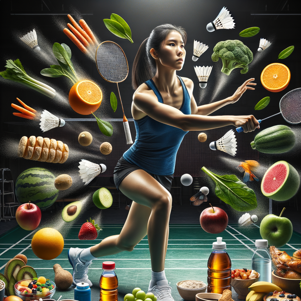 Professional badminton player in action with nutritious foods and water bottle, highlighting the role of diet and hydration in badminton performance.