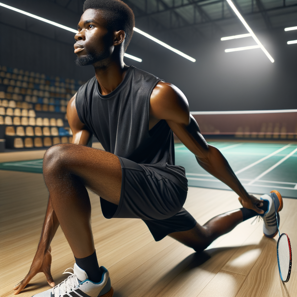 Professional badminton player performing dynamic stretching exercises on the court, highlighting flexibility's role in enhancing agility and performance.