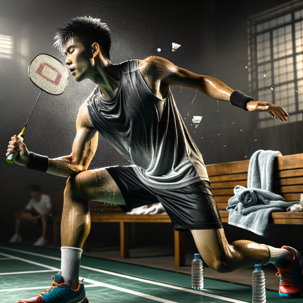 Professional badminton player in action on an indoor court, showcasing tips for playing badminton in humid conditions with specialized gear and hydration essentials.